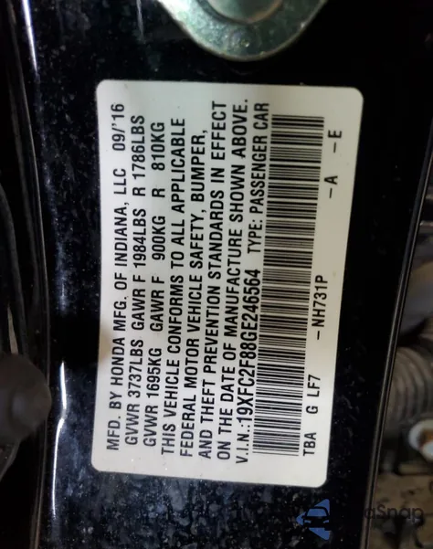 2016 Honda Civic Ex from USA, damaged, VIN 19XFC2F88GE246564